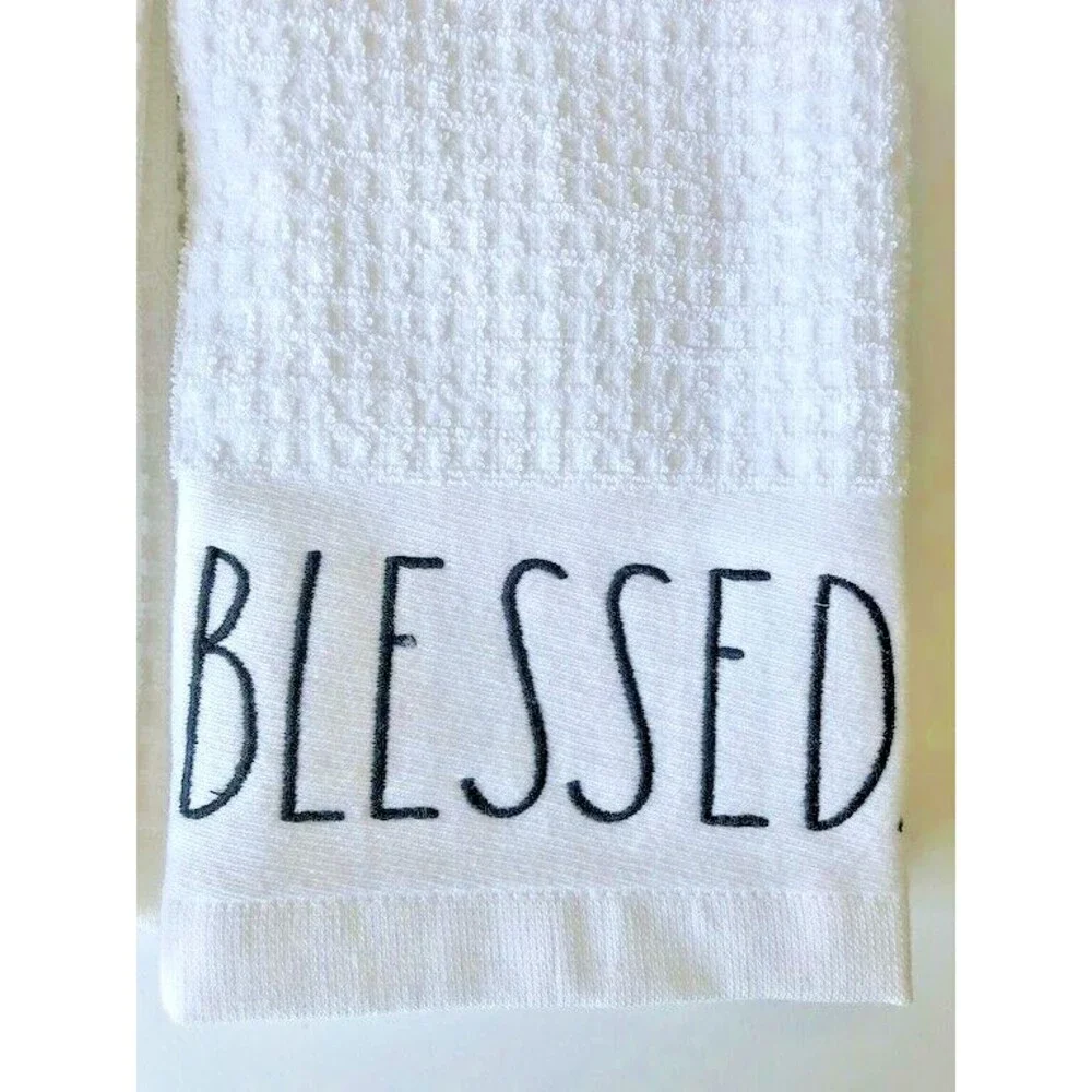 Rae Dunn Kitchen Dish Towels Embroidered Blessed Faith White Black Set of 2